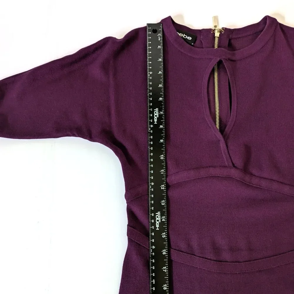 BEBE Purple Plum Knit Dress Size S Keyhole Cutout Bodycon Short Sleeves - Picture 14 of 16